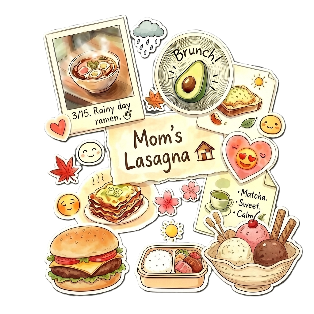 A scrapbook style food diary illustration